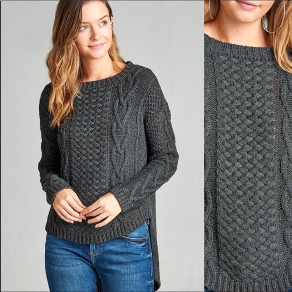 Grey Cable Knit High-Low Round Neck Sweater