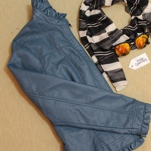 Blue Faux Leather Jacket with Adorable Ruffles