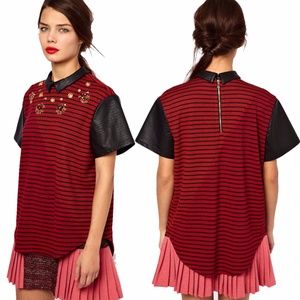 Three Floor Red/Black Striped Embellished Top - M