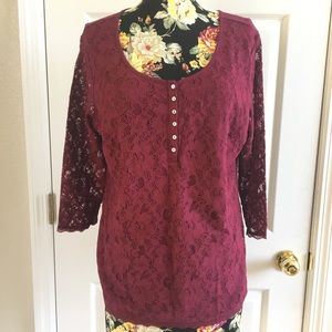 🎄Dress Barn Maroon Lace 3/4 Sleeve Blouse XL