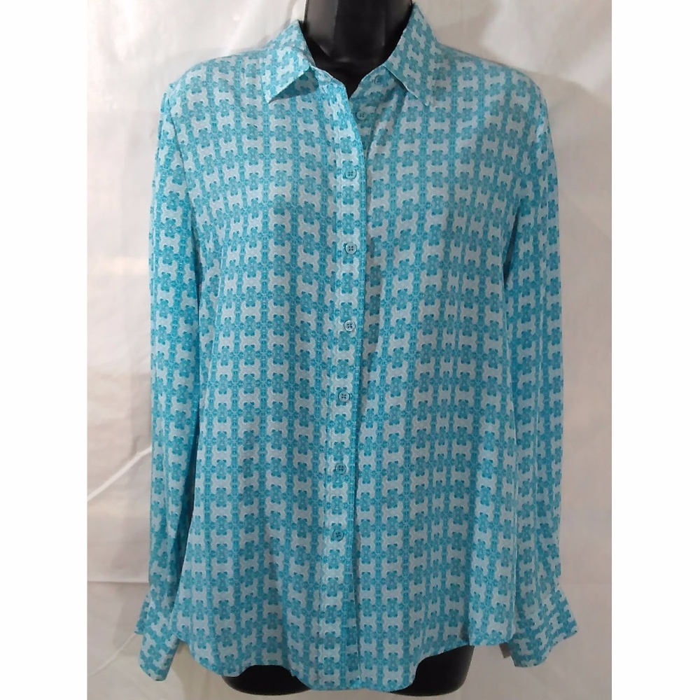 Joe Fresh Silk Button Down Turquoise Pattern