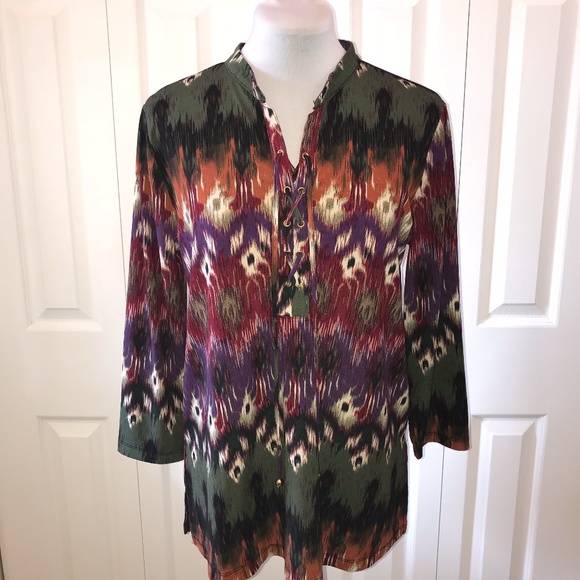 Bohemian Hippie Tunic Top sz L Lace Up Neckline - Picture 1 of 7