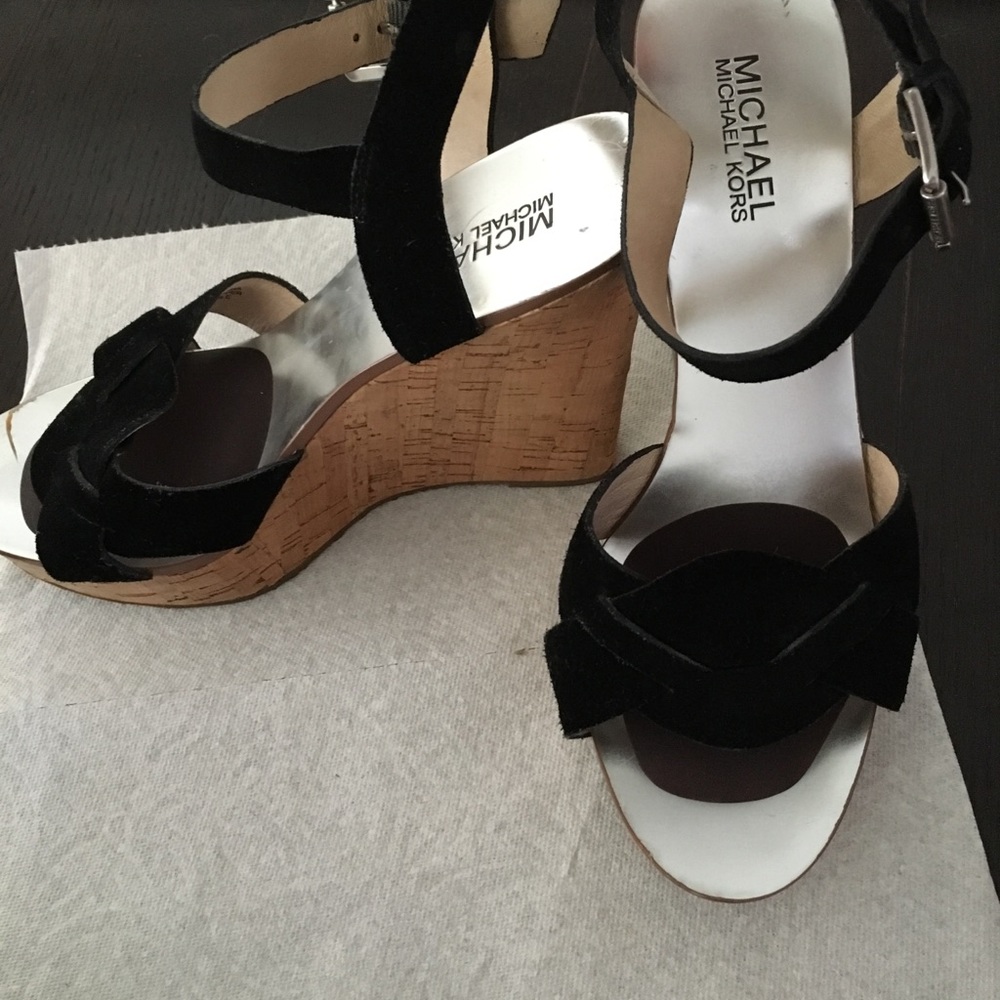 MK cork and black suede wedges