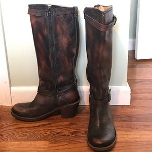 Frye tall brown buckle boots
