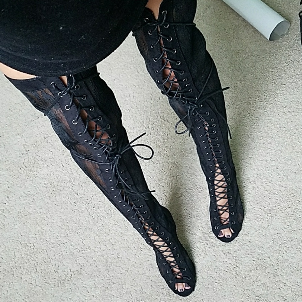 Lace up thigh high open toe boots
