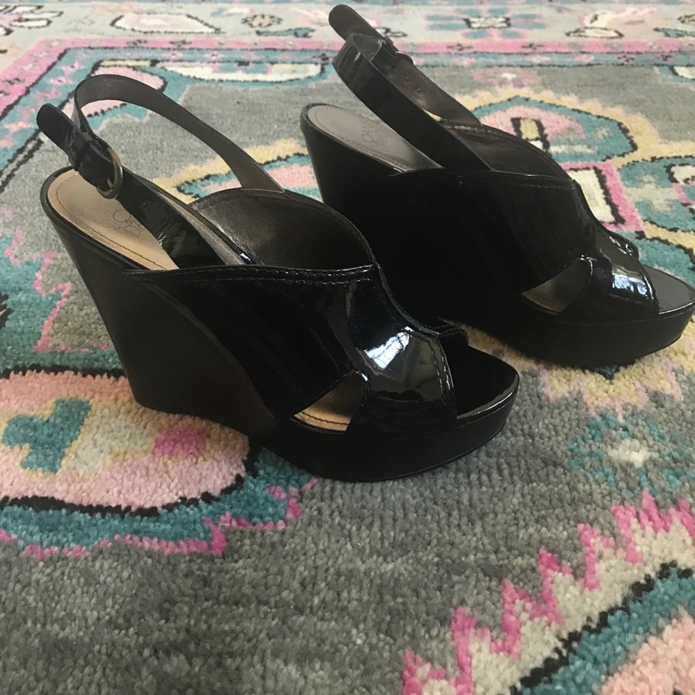 Joan & David Black Patent Leather Platform Wedges