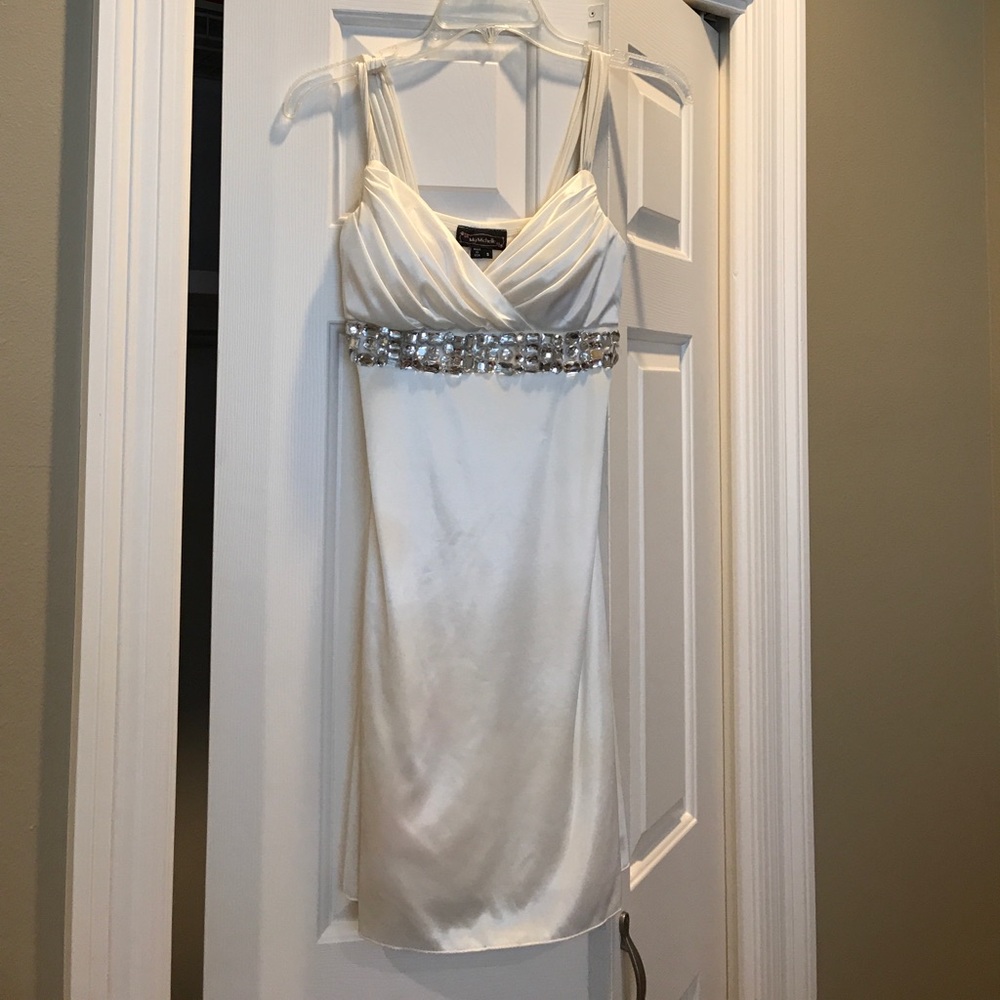 Satin White Rhinstone Mini Dress - Size S