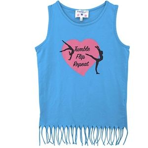 Gymnastics Tank Top for Girls - Fringe Hem- Aqua Blue