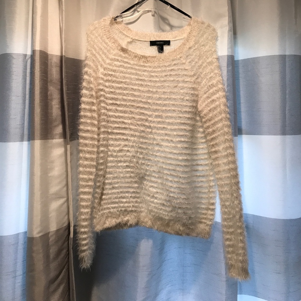 White fuzzy crew neck sweater