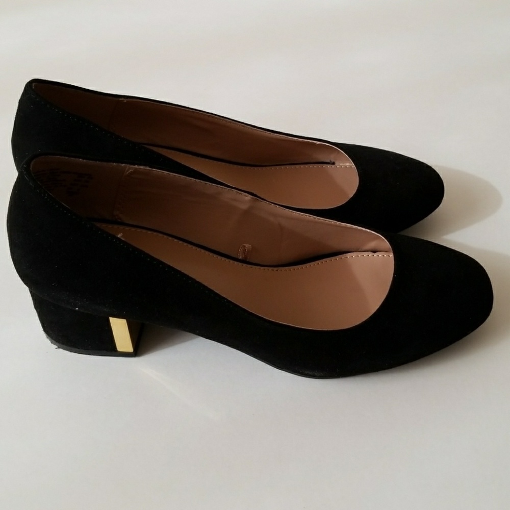Fioni Black Suede & Shiny Gold Heels