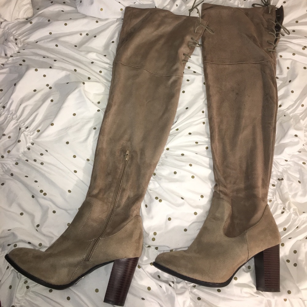 Beige suede over the knee heel boots