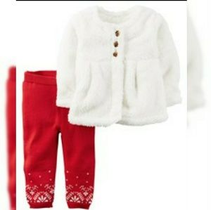 Carters fuzzy white jacket and red leggings set