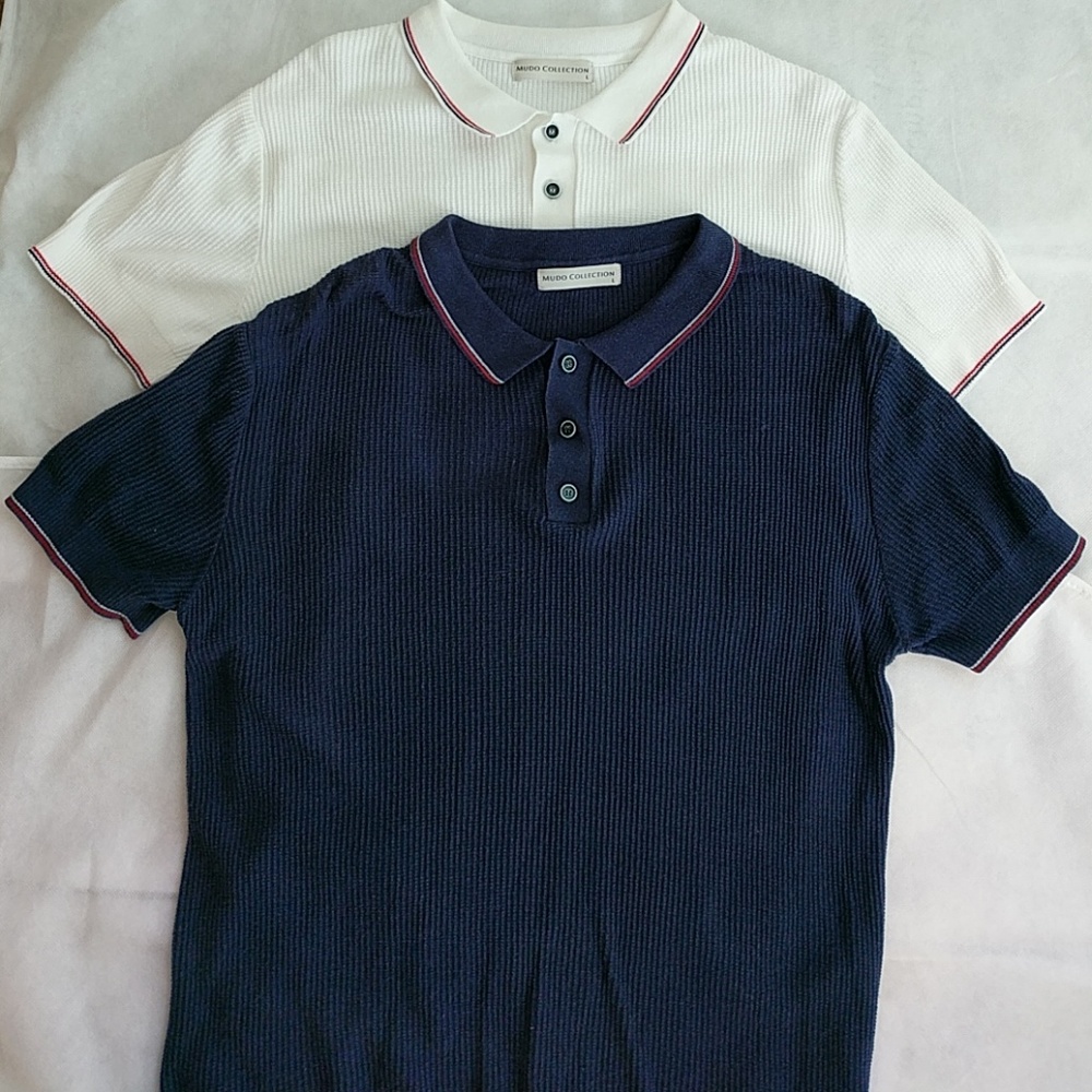 SALE!!L White&navy blue knit short sleeve sweater