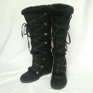 Fahrenheit black wedge lace up fur boot