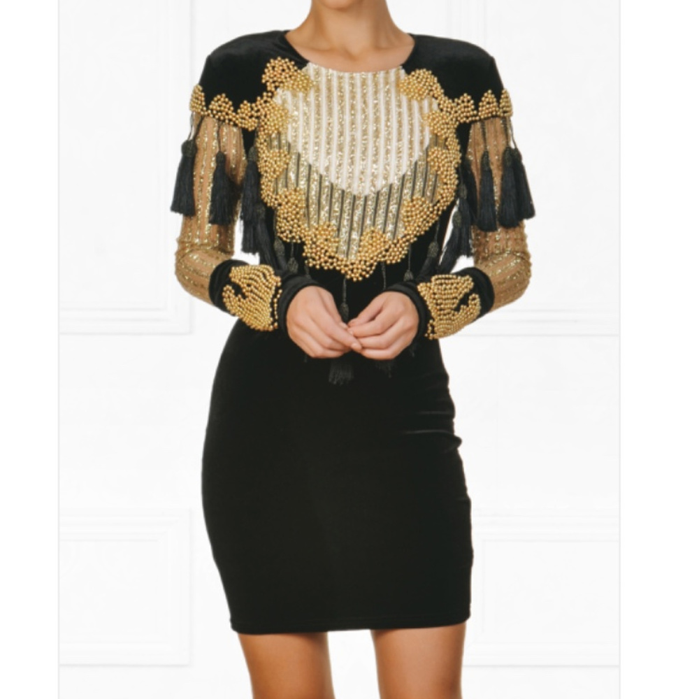 Black and gold velvet beaded fringe tassel dress