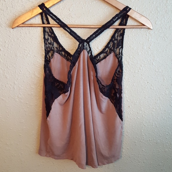 Taupe racer back tank with lace panels. - Picture 2 of 3