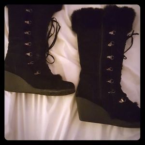 Bearpaws rabbit fur trimmed suede boots.