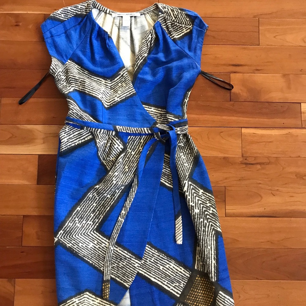 DVF silk wrap dress, blue with African print.