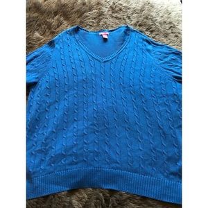 Woman Within Blue V-Neck Cable Sweater