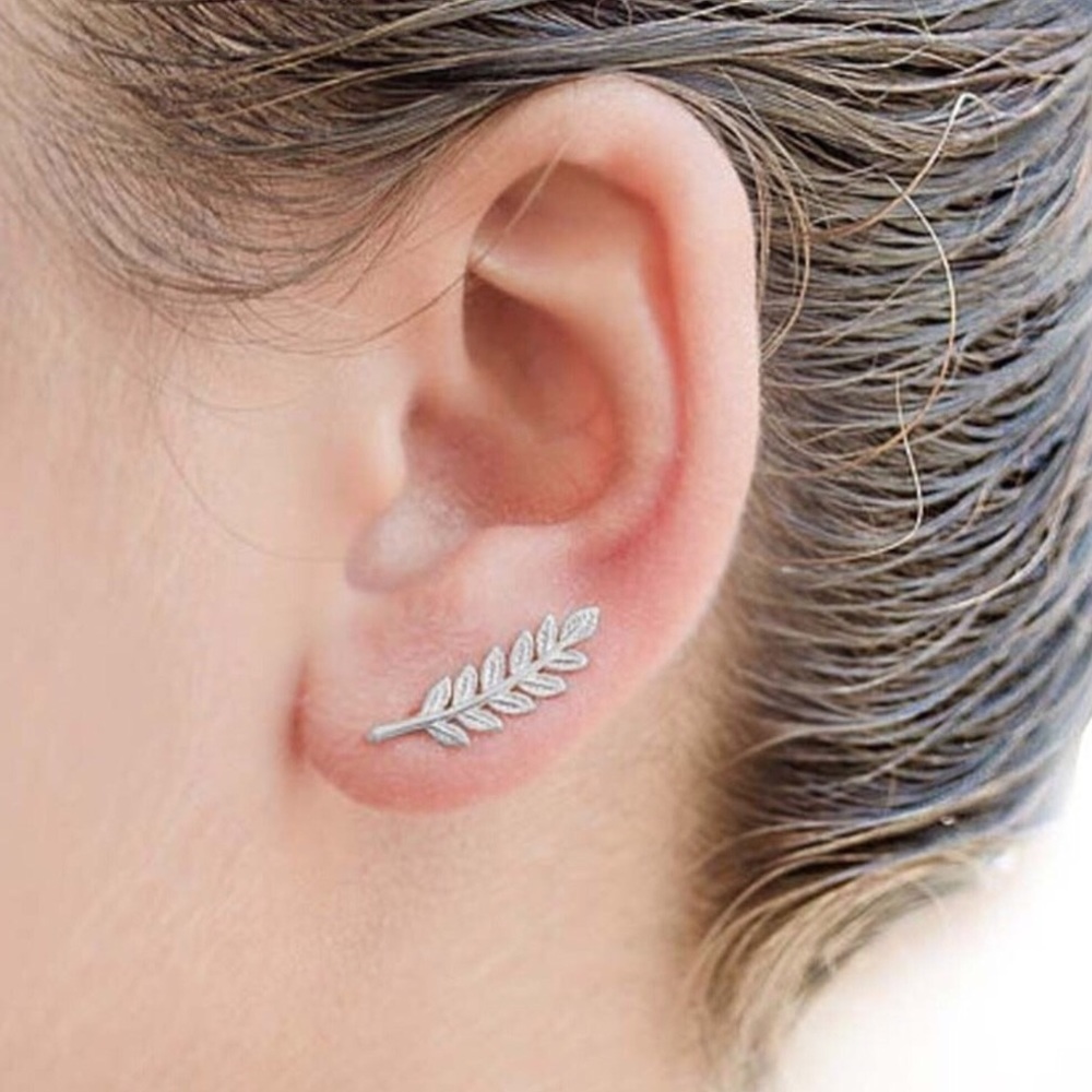 Silver Leaf Ear Climber Earrings