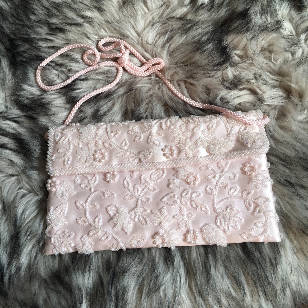 Baby Pink Beaded Satin Princess Crossbody Clutch
