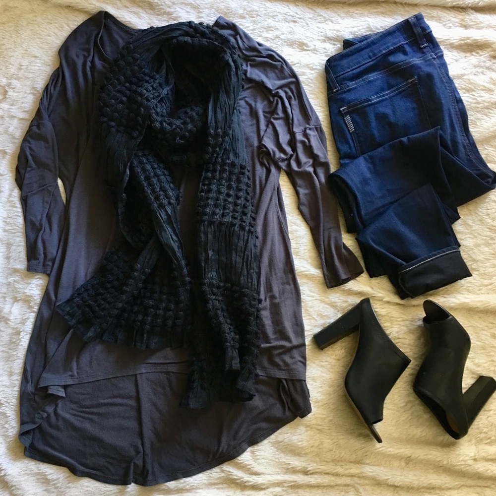 Charcoal Grey High Low 3/4 Sleeves Tee