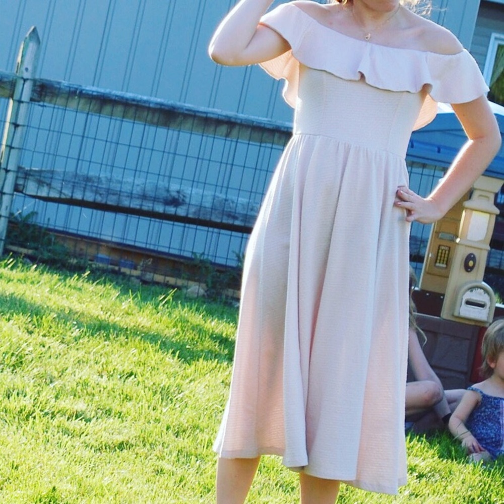 Pale pink off the shoulder dress