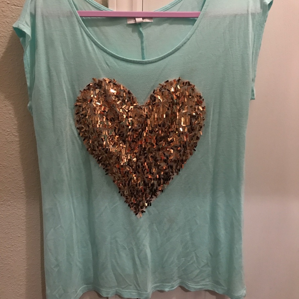 Mint with gold sequin heart shirt
