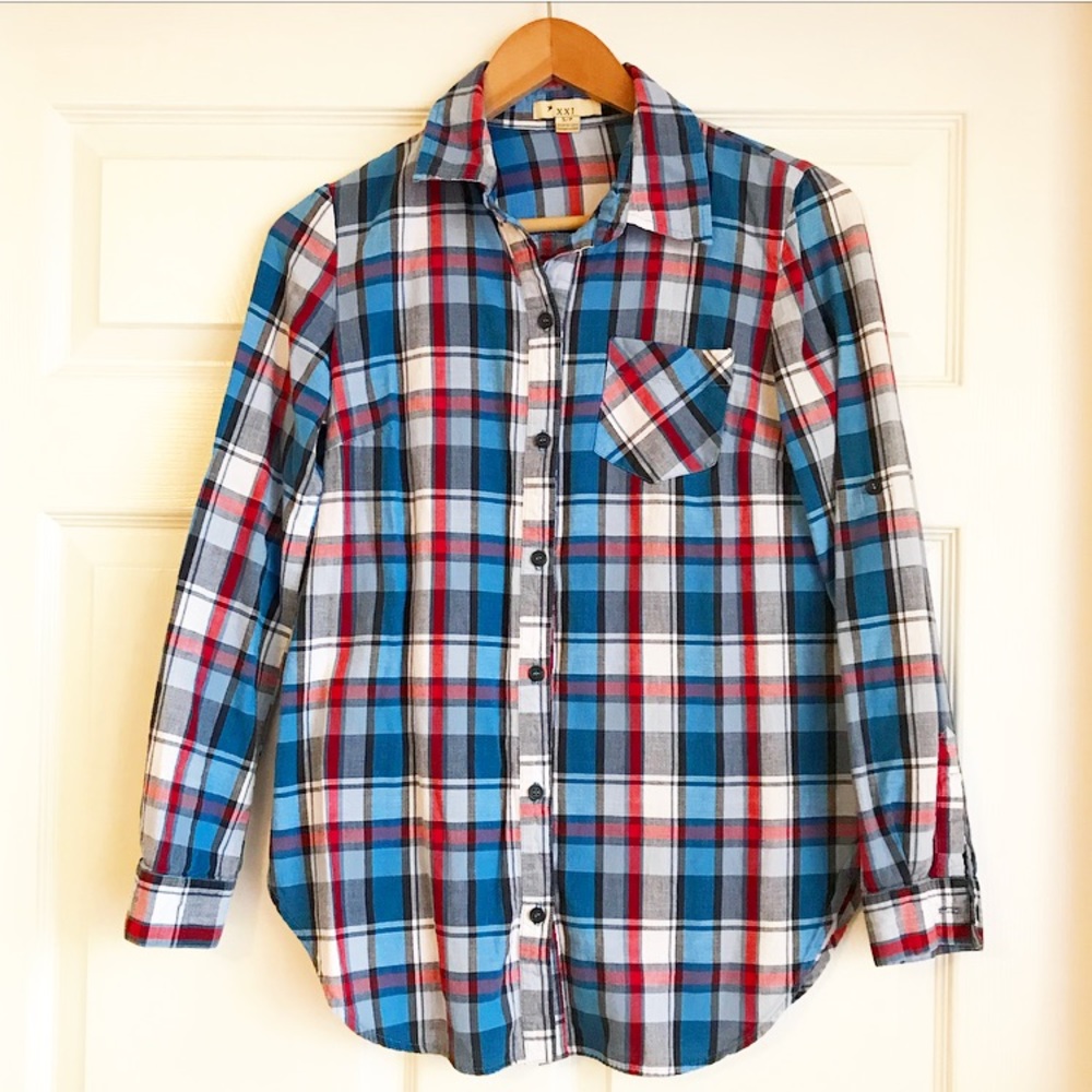 Red, Blue, Black Plaid Button Down Shirt