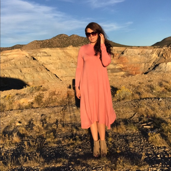 << Coral Pink Longer Length Midi Dress >> - Picture 2 of 3