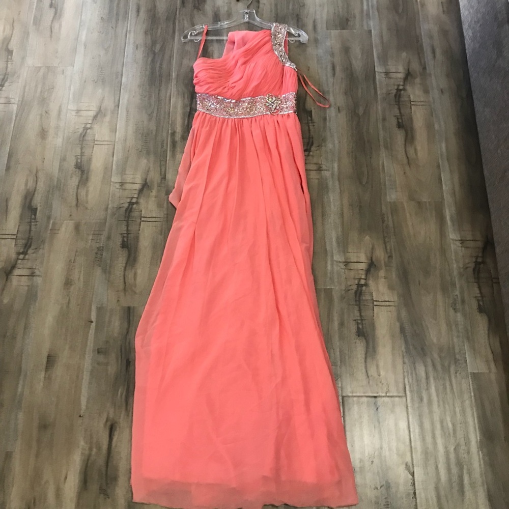 Peach one shoulder gown. Prom dress, Bridesmaid