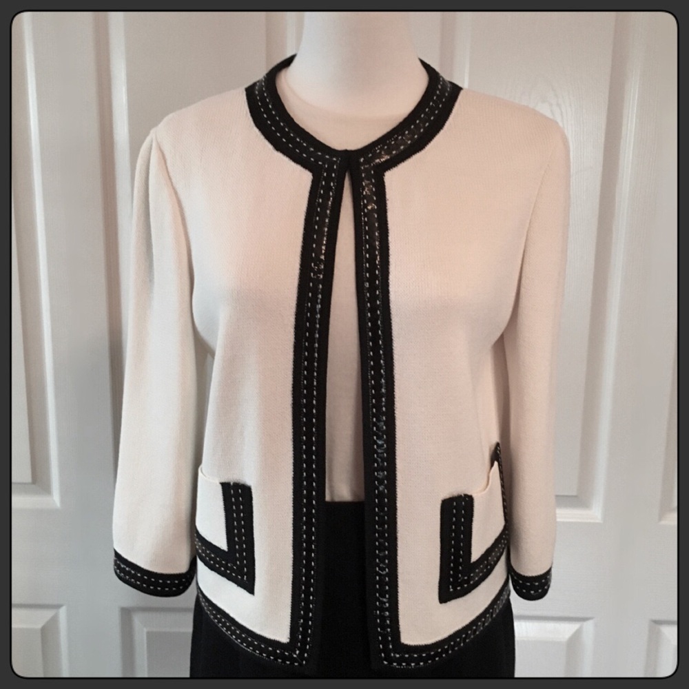 ST. JOHN Ivory Santana Knit Jacket Black Trim SoCa
