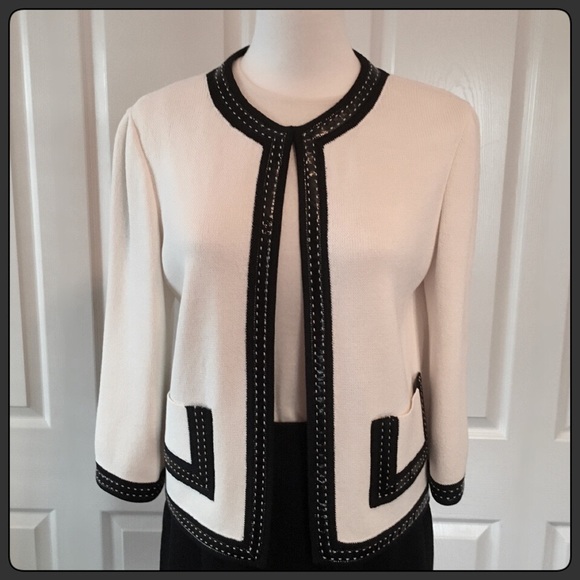 ST. JOHN Ivory Santana Knit Jacket Black Trim SoCa - Picture 1 of 7
