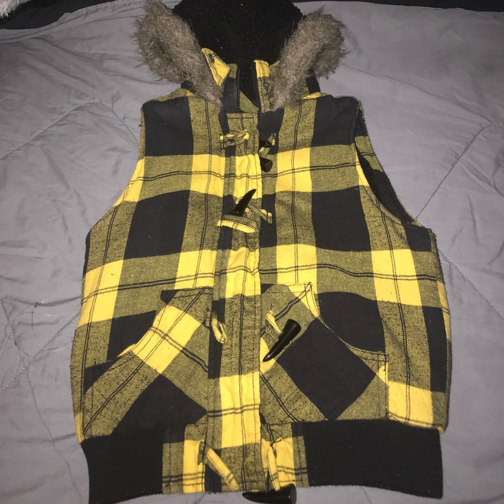 Black and yellow plaid vest