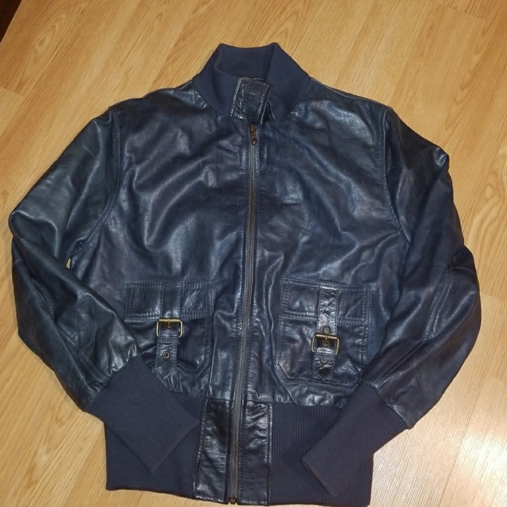 Blue Leather Bomber Jacket