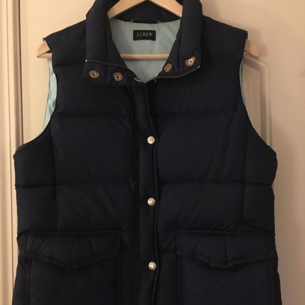 J Crew Navy Blue Puffer Vest Light Blue Interior