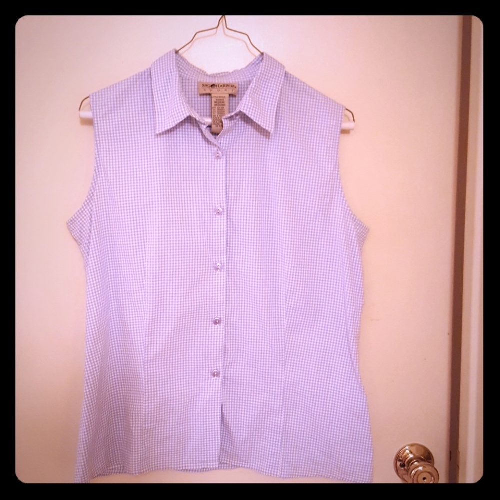 Cool blue-checked sleeveless button-down shirt