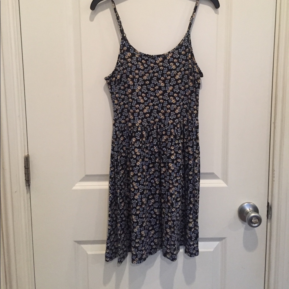 Blue, yellow, and black flower pattern dress