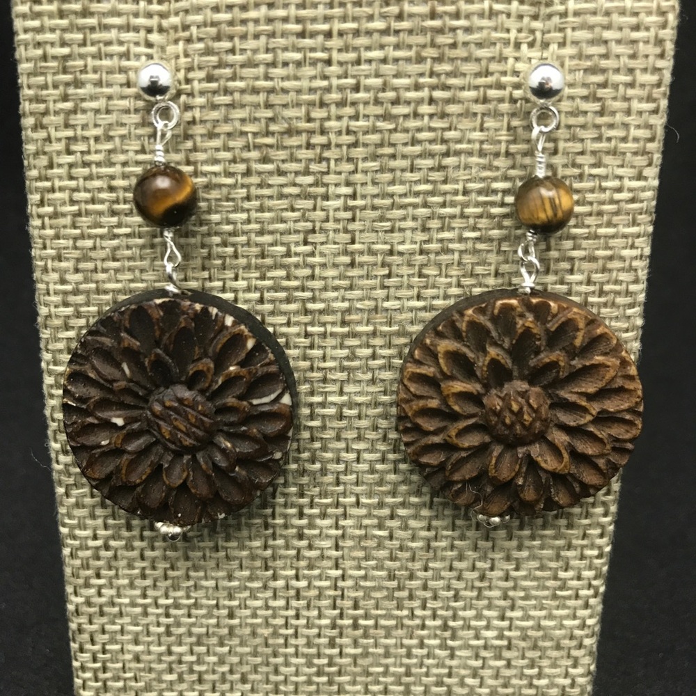 Tiger's eye, wooden earrings