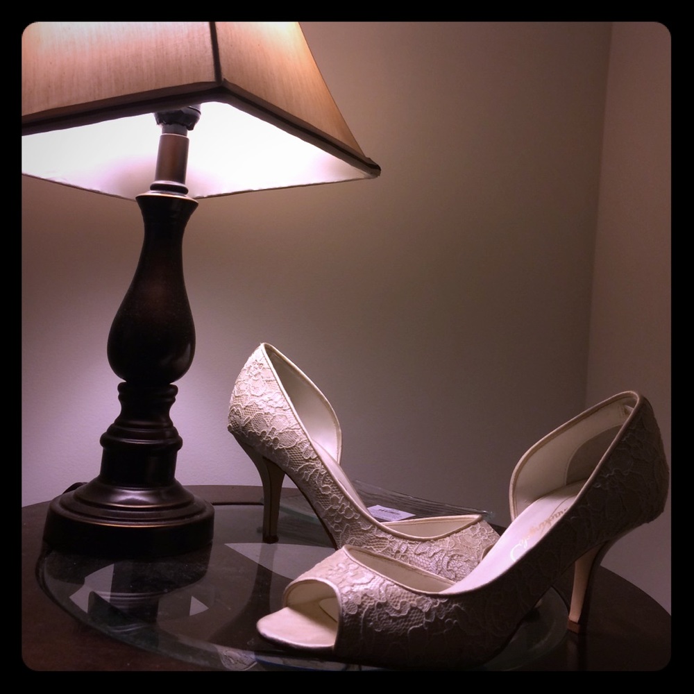 Beige high heel shoes