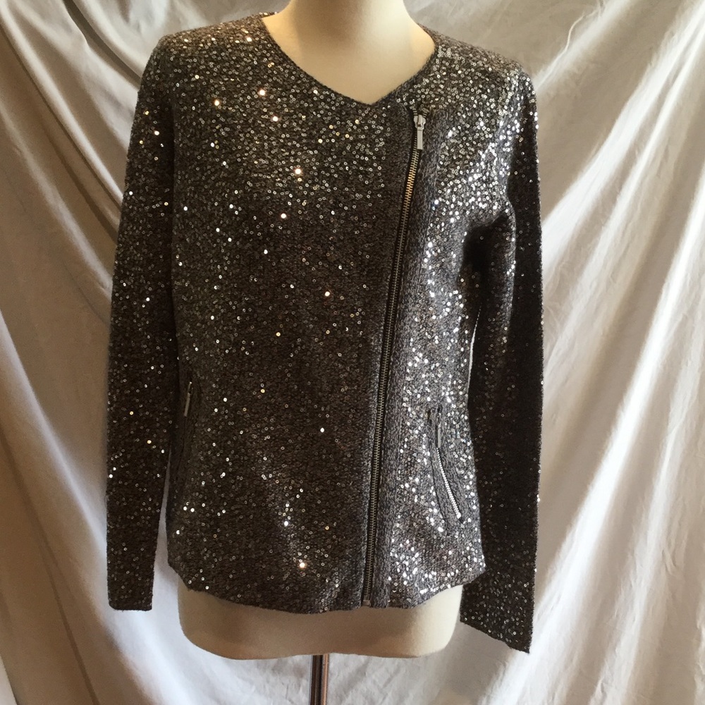 NWT CHICO’s sequined ZIP CARDIGAN BLUE SZ 0, US 4.