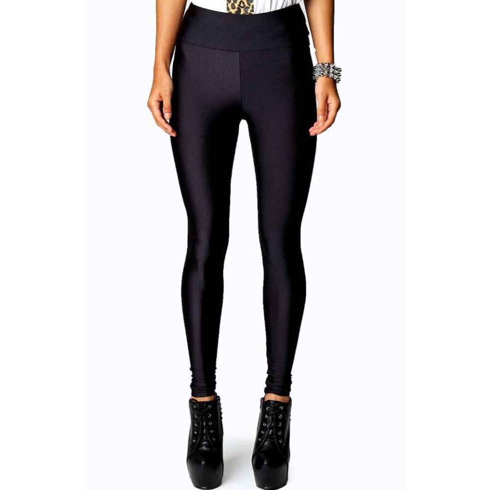 Petite high waisted black high shine pants