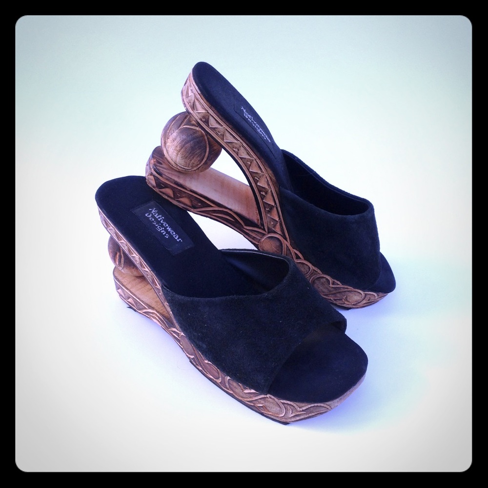 Handmade Suede wedge with Carved wood heels