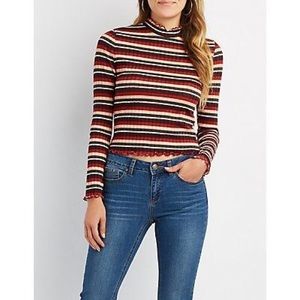 Striped lettuce edge mock neck top