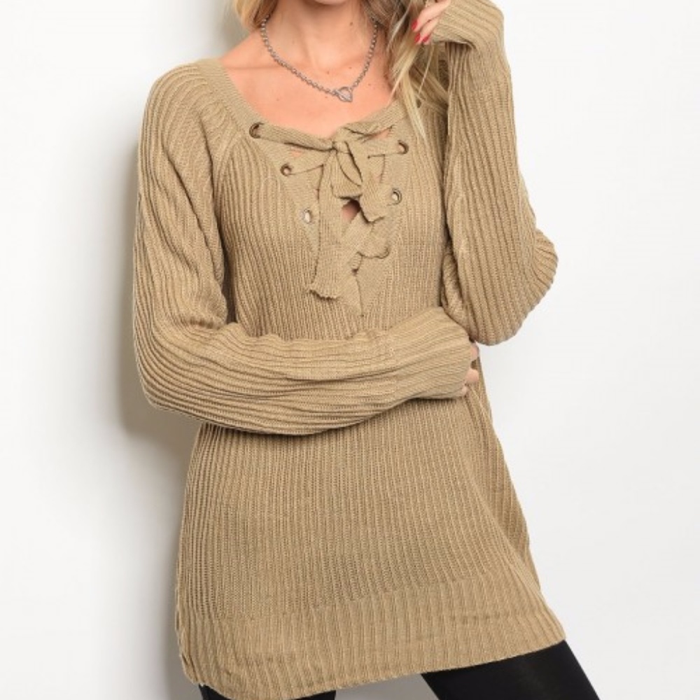 Tan Lace up front sweater - Picture 1 of 4