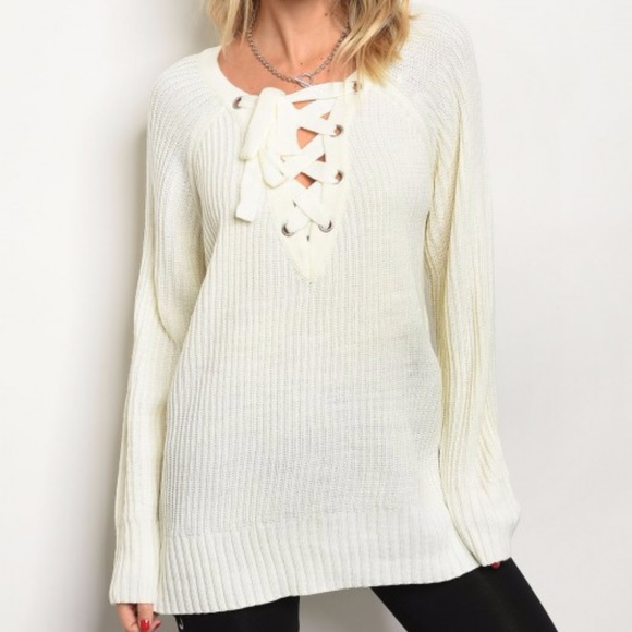 Cream lace up front sweater - Picture 2 of 3