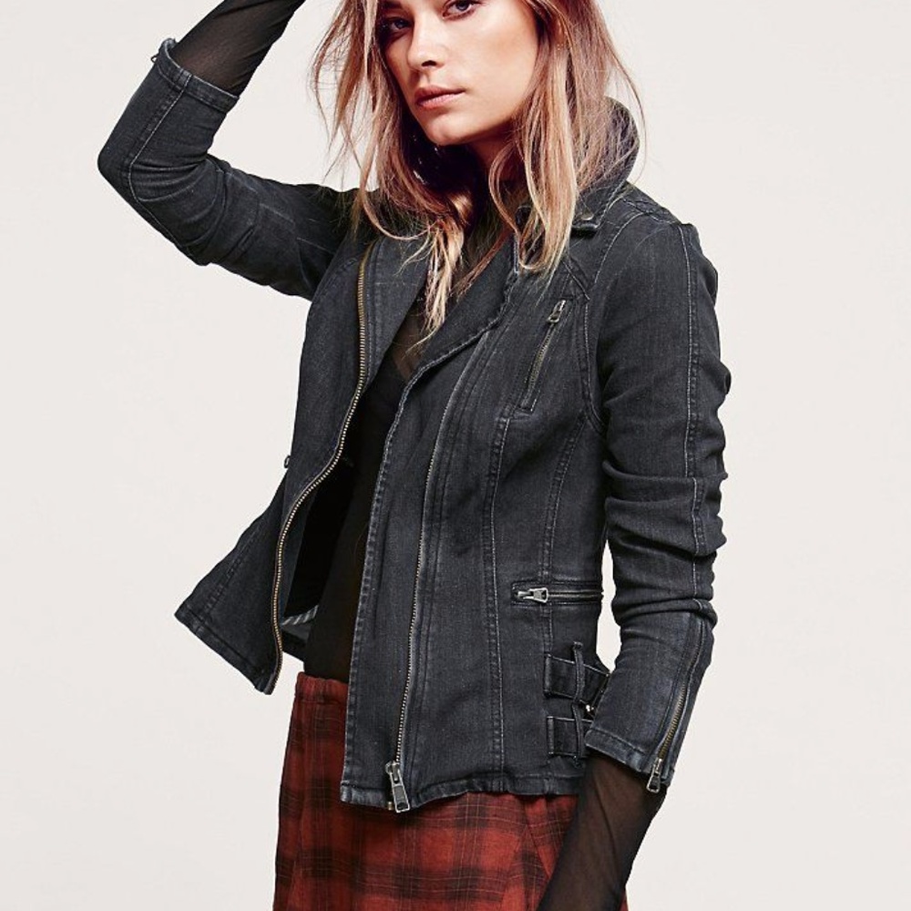 Free People Denim Biker Moto Jacket Sz 10