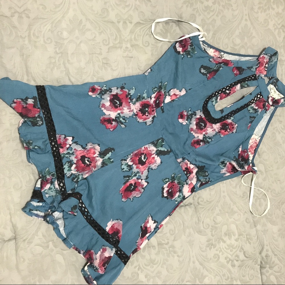 Teal Floral Open Back Romper NWT