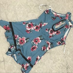 Teal Floral Open Back Romper NWT