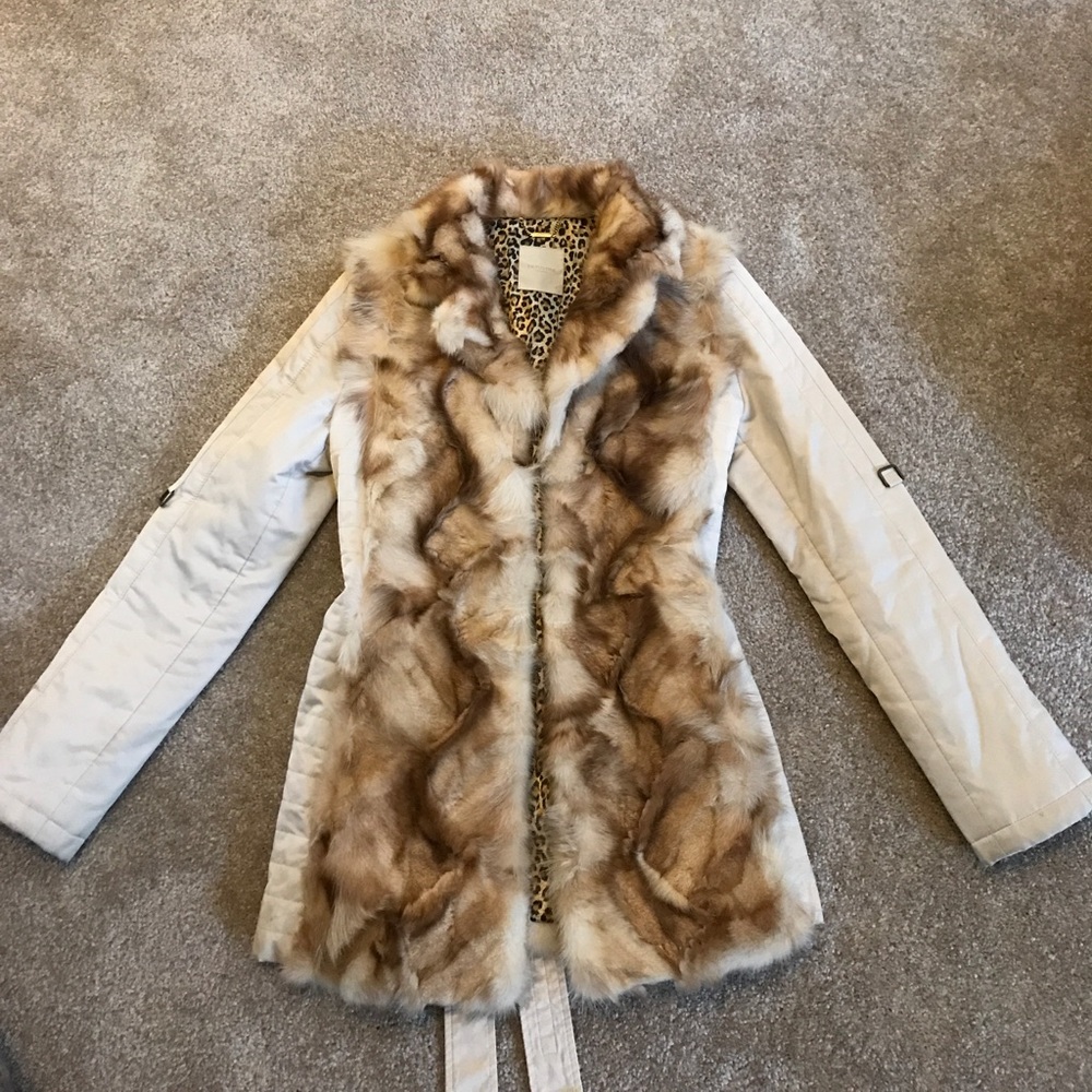 Beige and brown coat with real fox fur